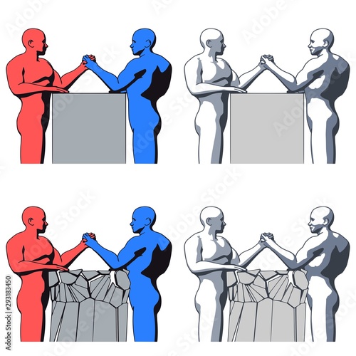 Arm wrestling of strong bald bodybuilder man characters silhouettes flat style isolated on white background