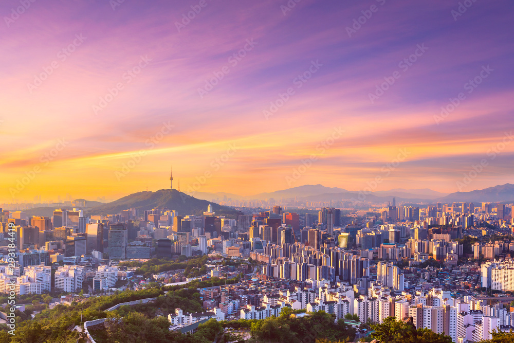 Sunrise  of Seoul Downtown cityscape . Aerial view of Nansan Seoul Tower and lotte tower. Viewpoint from Inwangsan mountain best landmark of Seoul , South Korea