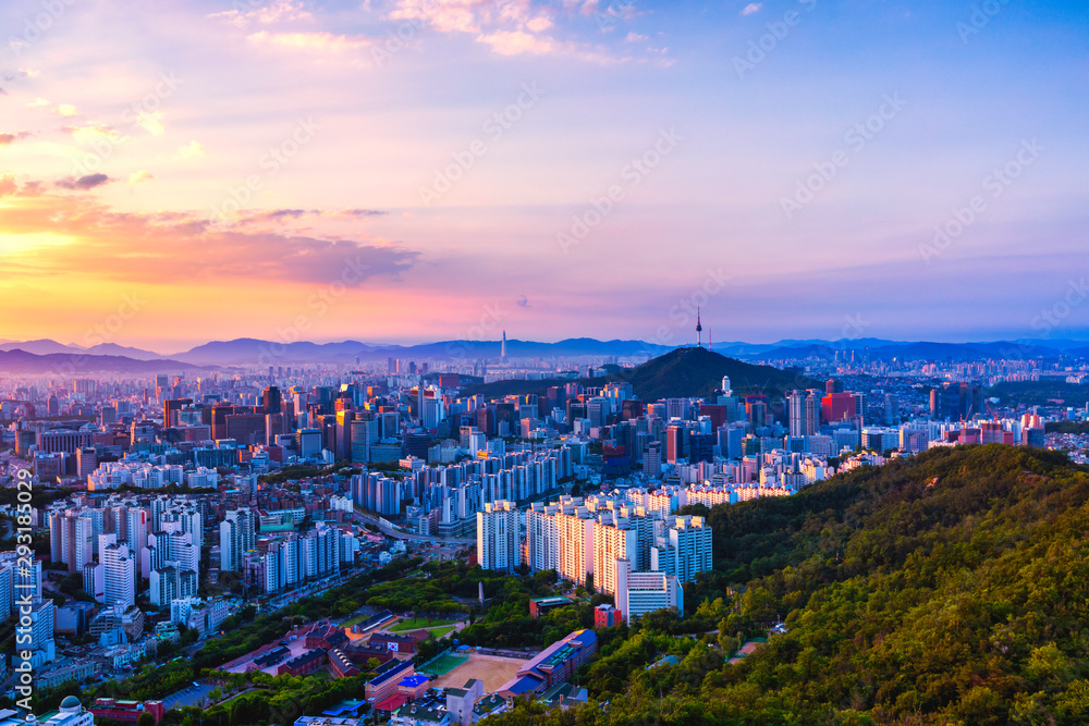 Sunrise and Skyline of Seoul downtown , Seoul Tower and lotte  Tower in Seoul,South Korea viewpoint from Ansan moutain.
