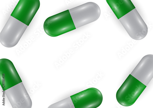 Background with bright pills, capsules. Vitamin pills for good health and antibiotics. Poster banner for website. Pharmacy, painkiller capsules and medications.