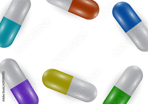 Background with bright pills, capsules. Vitamin pills for good health and antibiotics. Poster banner for website. Pharmacy, painkiller capsules and medications.