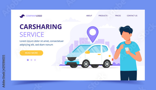 Carsharing concept. Man with smartphone. Landing page template. Vector illustration in flat style