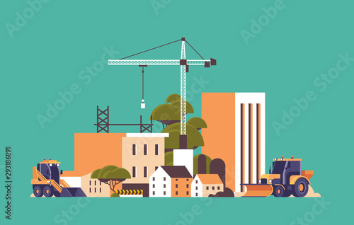 Fotografia modern construction site with cranes tractor and bulldozer unfinished building e