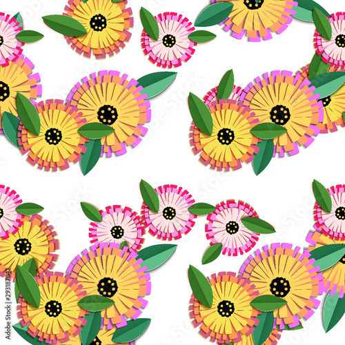 Vintage origami pattern with colorful calendula cut paper pattern on white background for textile design. Like a 3d vector. Modern interior.