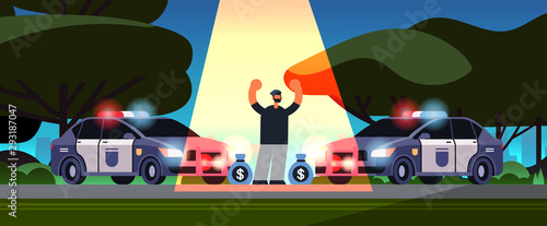 arrested criminal character with money bags robber caught by police theft security authority justice law service concept urban park landscape background full length horizontal