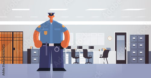 officer standing pose policeman in uniform security authority justice law service concept modern police department office interior flat full length horizontal