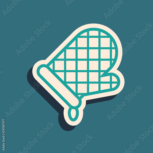 Green Oven glove icon isolated on blue background. Kitchen potholder sign. Cooking glove. Long shadow style. Vector Illustration