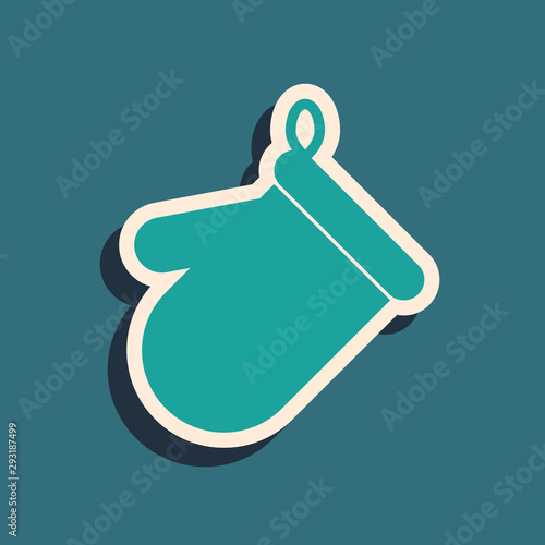 Green Oven glove icon isolated on blue background. Kitchen potholder sign. Cooking glove. Long shadow style. Vector Illustration