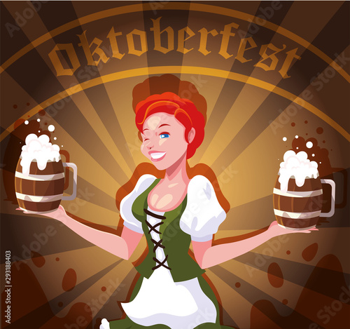 beautiful woman with german traditional dress and label oktoberfest