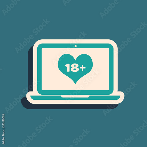 Green Laptop computer with 18 plus content heart icon isolated on blue background. Age restriction symbol. 18 plus content sign. Adult channel. Long shadow style. Vector Illustration