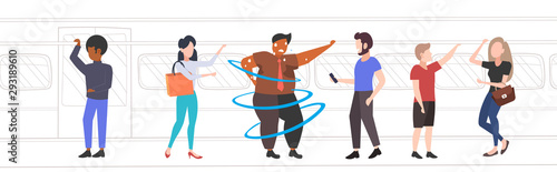 fat obese man inside subway metro train overweight african american sweaty guy with mix race passengers in public transport obesity concept horizontal full length