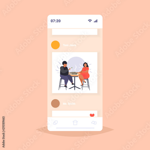 fat obese man woman eating sushi overweight african american couple sitting at table having lunch obesity unhealthy nutrition concept smartphone screen online mobile app flat full length