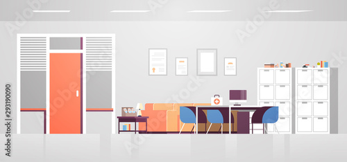 modern doctor cabinet with furniture empty no people hospital office room interior flat horizontal