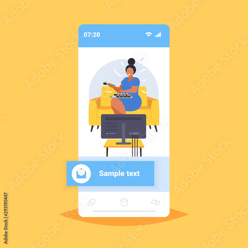 fat obese woman eating sushi overweight girl sitting on armchair watching tv obesity unhealthy nutrition concept smartphone screen online mobile app flat full length