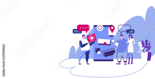 people using cellphone online application navigation communication concept men woman with chat bubbles speech and location geo tags discussing near smartphone screen sketch horizontal full length