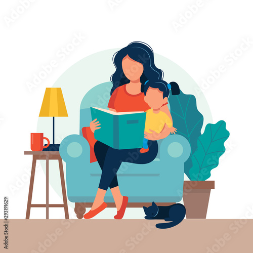 Mom reading for kid. Family sitting on the chair with book. Cute vector illustration in flat style photo