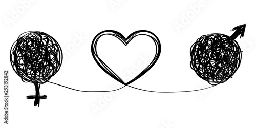 Love and relationships. Vector illustration with symbol of man and woman and their relationship in love. Love and relationships are like solving the problem of being. Psychologist icon