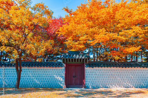Canvas Print Beautiful  Autumn in Gyeongbokgung palace, Hyangwonjeong pavilion in Seoul of So