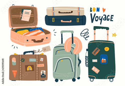 Various luggage bags, suitcases, neck pillow, baggage, travel bags. Vacation, holiday. Hand drawn vector set. Colorful trendy illustration. Cartoon style. Flat design. All elements are isolated
