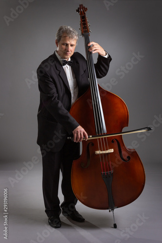 Portrait of a man with a double bass on a gray background. Musician with a big double bass.