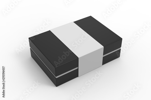 Blank neck box with paper ribbon label. 3d render illustration.