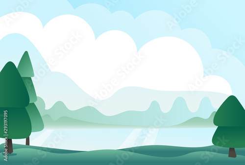 Morning landscape with mountains  forest and river. Vector illustration