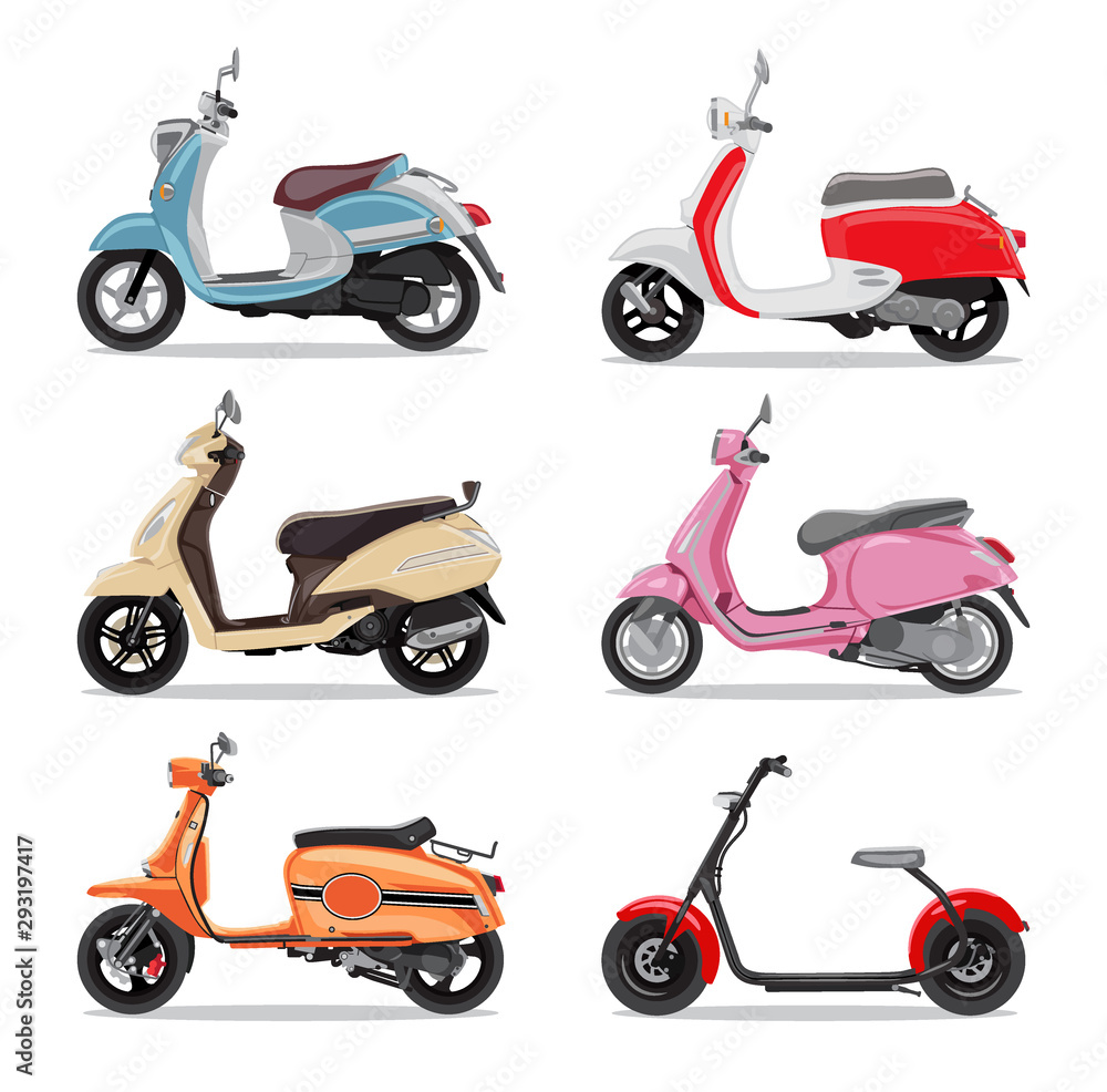 Set of colorful moped in flat style side view.