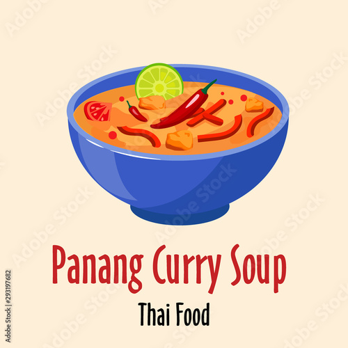 panang curry thai soup icon, spicy tasty dish in colorful bowl isolated vector illustration.