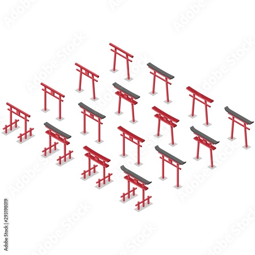 torii isometric collection of sixteen isolated red japanese wooden gates vector illustration