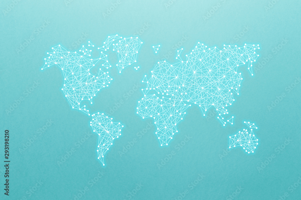 World map on the principle of neural networks on the aqua background. World community and network. Artificial intelligence, neural networks. Minimal creative idea. AI Aqua - color of the year 2021