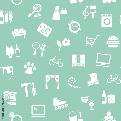 Shops, seamless pattern, monochrome, green, vector. Different categories of goods. White icons on a green field. 