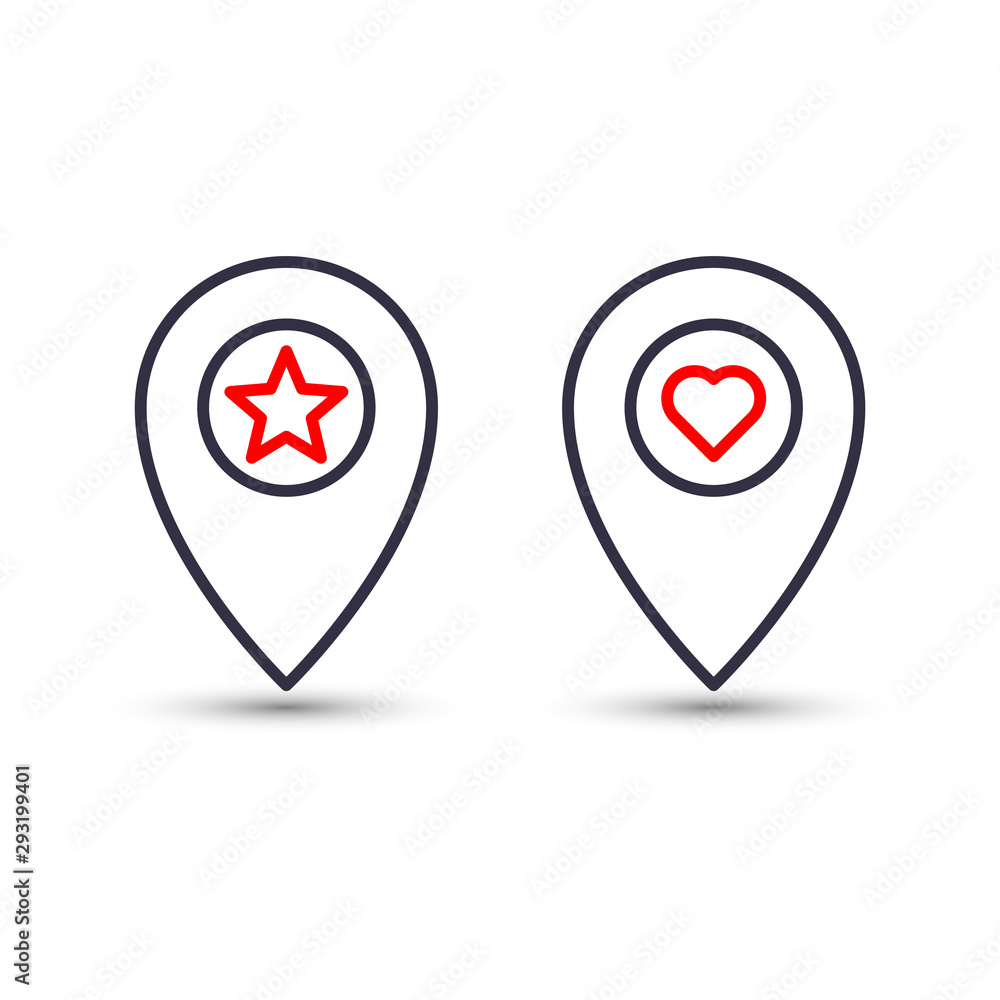 Outline star and heart in pinpoint icon. Favorite pin location gps map marker. Outline star and heart in pinpoint icon. Favorite pin location gps map marker.