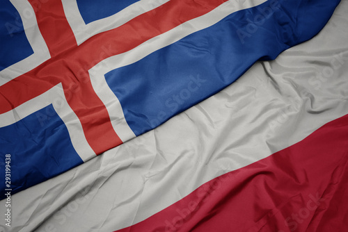 waving colorful flag of poland and national flag of iceland.