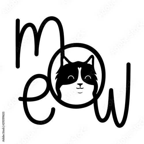Vector illustration with cat head and lettering word Meow.