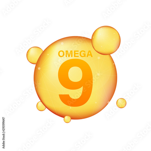 Omega 9 gold icon. Vitamin drop pill capsule. Shining golden essence droplet. Vector illustration.