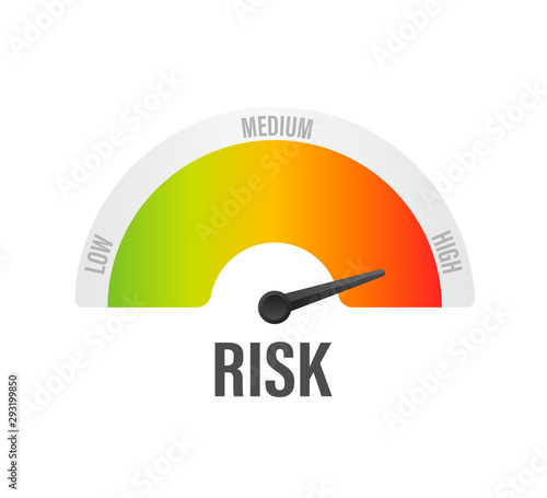 Risk icon on speedometer. High risk meter. Vector illustration.