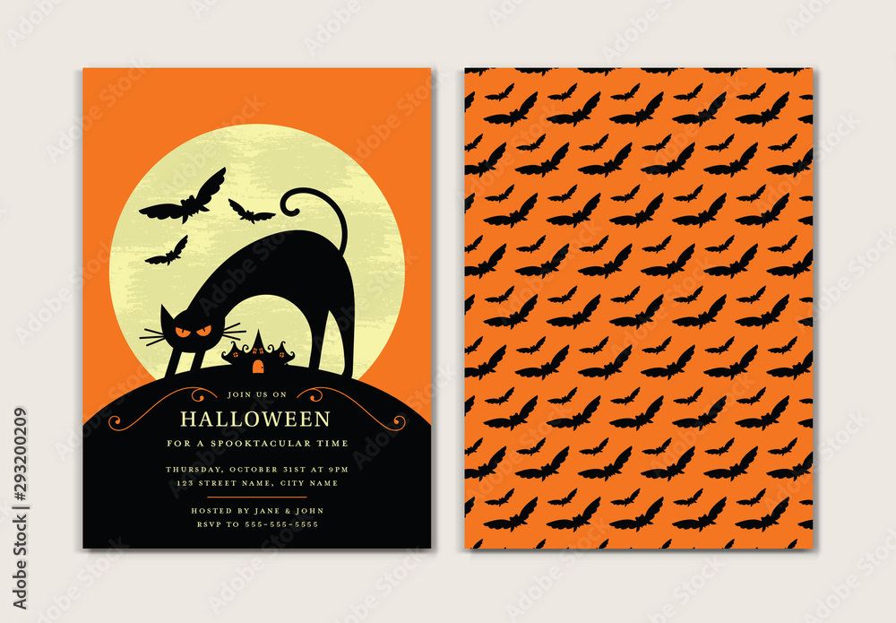 Graphic Halloween Party Invitation with Cat Card Layout Stock Template ...