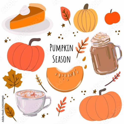 Pumpkin Season hand drawn vector flat cozy illustration set. Isolated autumn essentials objects on white background. For banners, home interior, books, socks, candle, food package