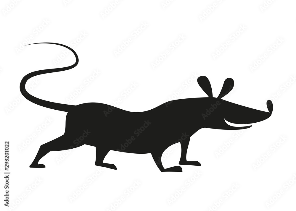 The black silhouette of rat or mouse on white background.
