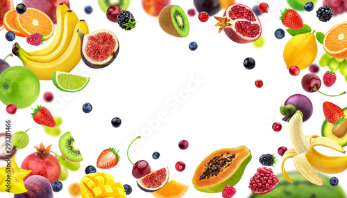 Frame made of fruits and berries isolated on white background
