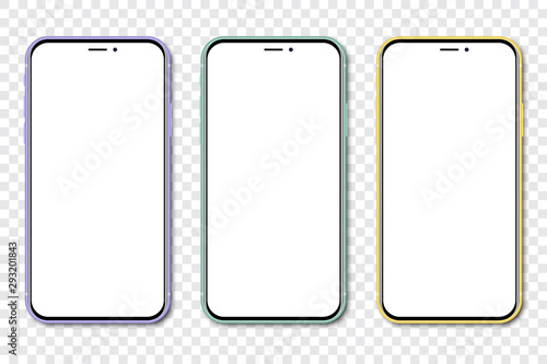Three new smartphone with blank screen on a transparent background