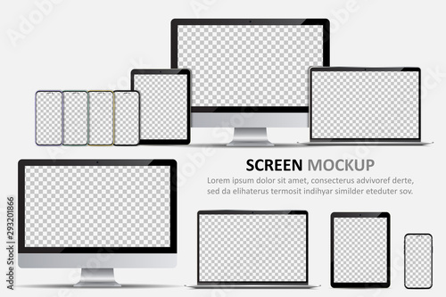 Screen mockup. Computer monitor, laptop, tablet and smartphone with blank screen for design photo