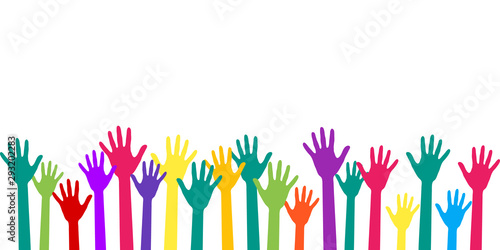 Colorful raised hands group art therapy vector illustration. Hands in paint of rainbow colors raised up art, party, joy and fun, friendship or group therapy symbols. Many children arms together.