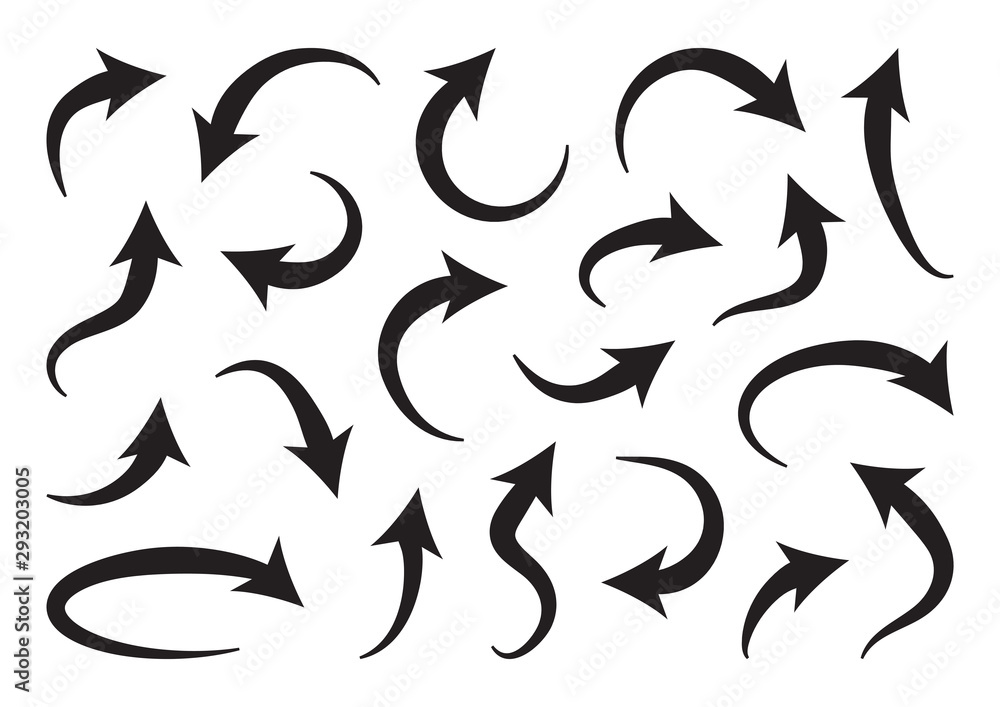 Set of different curve arrows, black collection. Vector