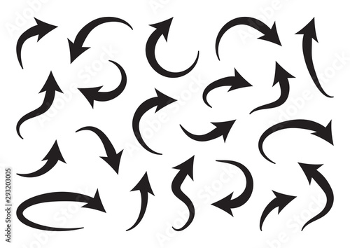 Set of different curve arrows, black collection. Vector