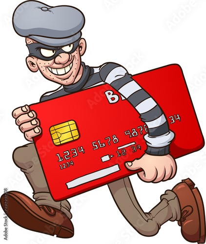 Cartoon credit card thief running with over sized card clip art. Vector illustration with simple gradients. All in a single layer. 