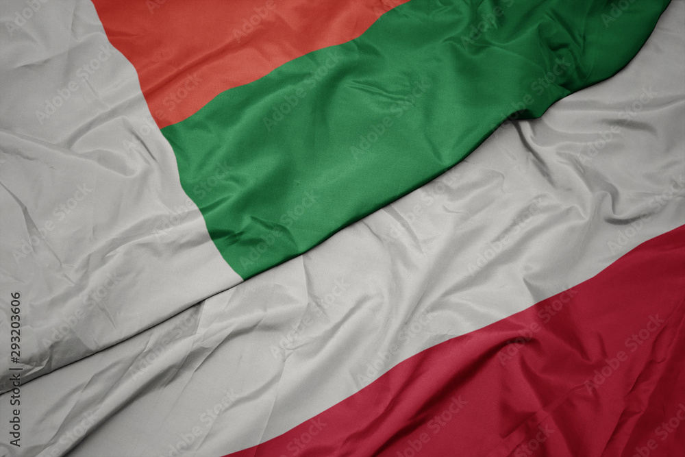 Fototapeta premium waving colorful flag of poland and national flag of madagascar.