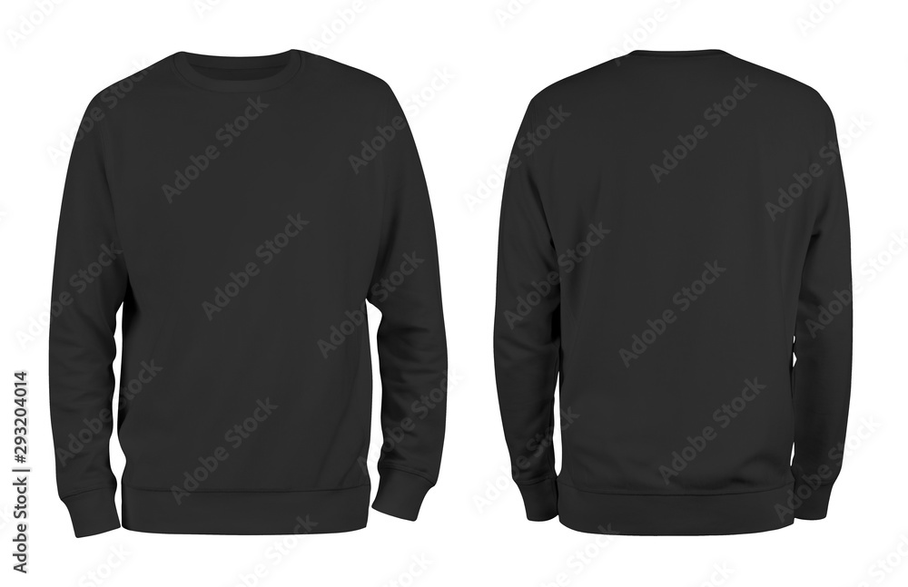 Men's black blank sweatshirt template,from two sides, natural shape on invisible mannequin, for your design mockup for print, isolated on white background. - obrazy, fototapety, plakaty 