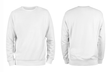 Men's white blank sweatshirt template,from two sides, natural shape on invisible mannequin, for your design mockup for print, isolated on white background.