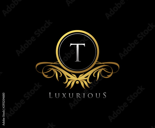 Gold T Letter Luxury Boutique , Heraldic, Royal, Decoration, Boutique Logo. Interior Icon. Fashion, Jewelry, Beauty Salon, Hotel Logo. Cosmetics, Spa Logo. Resort and Restaurant Logo.